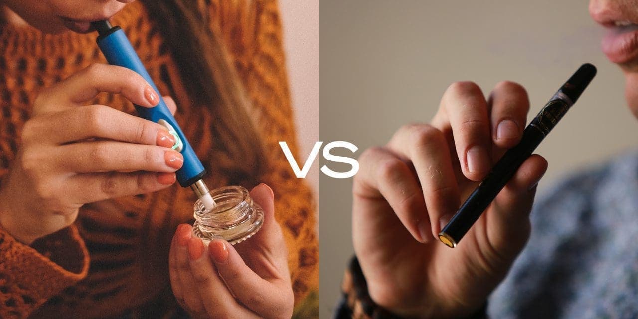 left side (woman using dab pen), right side (man using vape pen)